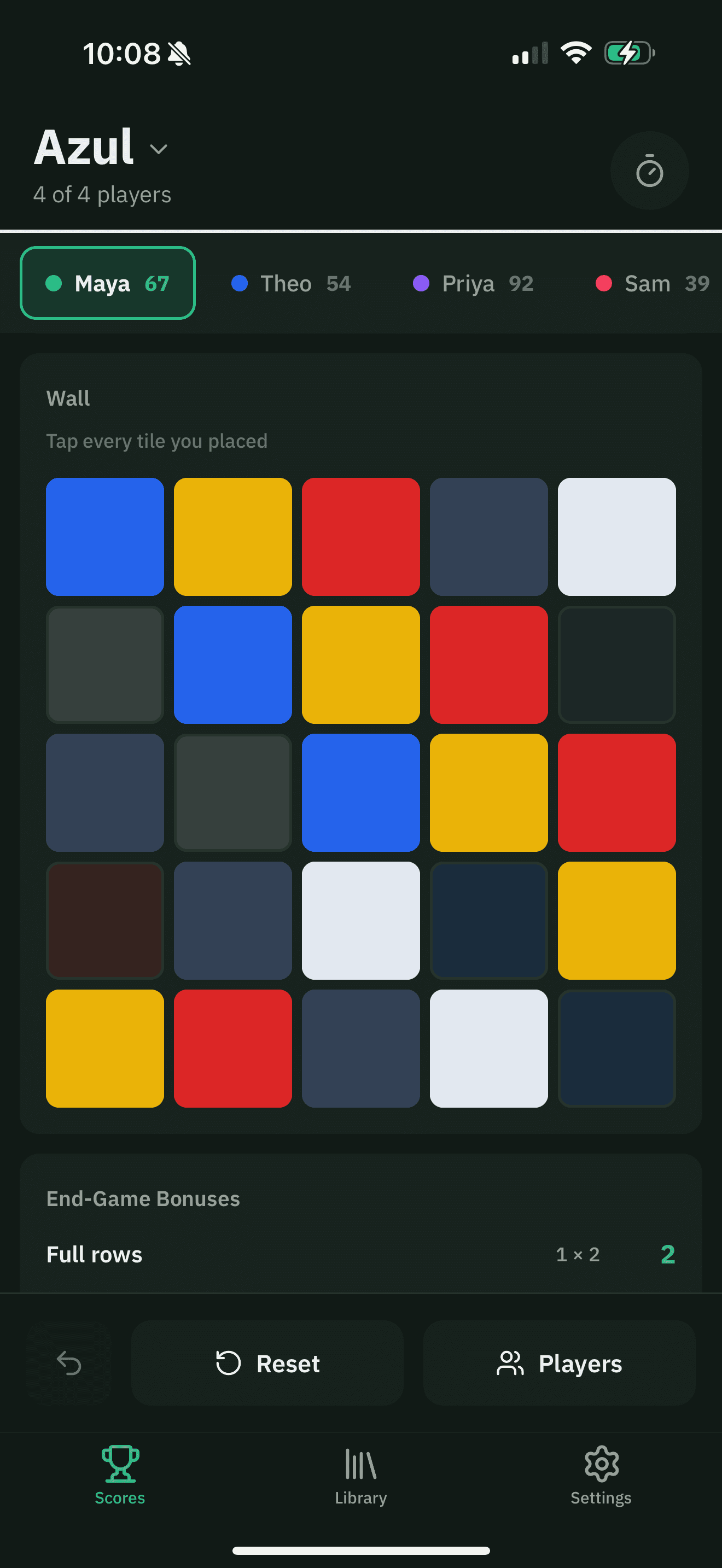 The Azul scoresheet: a five-by-five wall of tiles to tap for each one placed, with the end-game bonuses listed underneath.