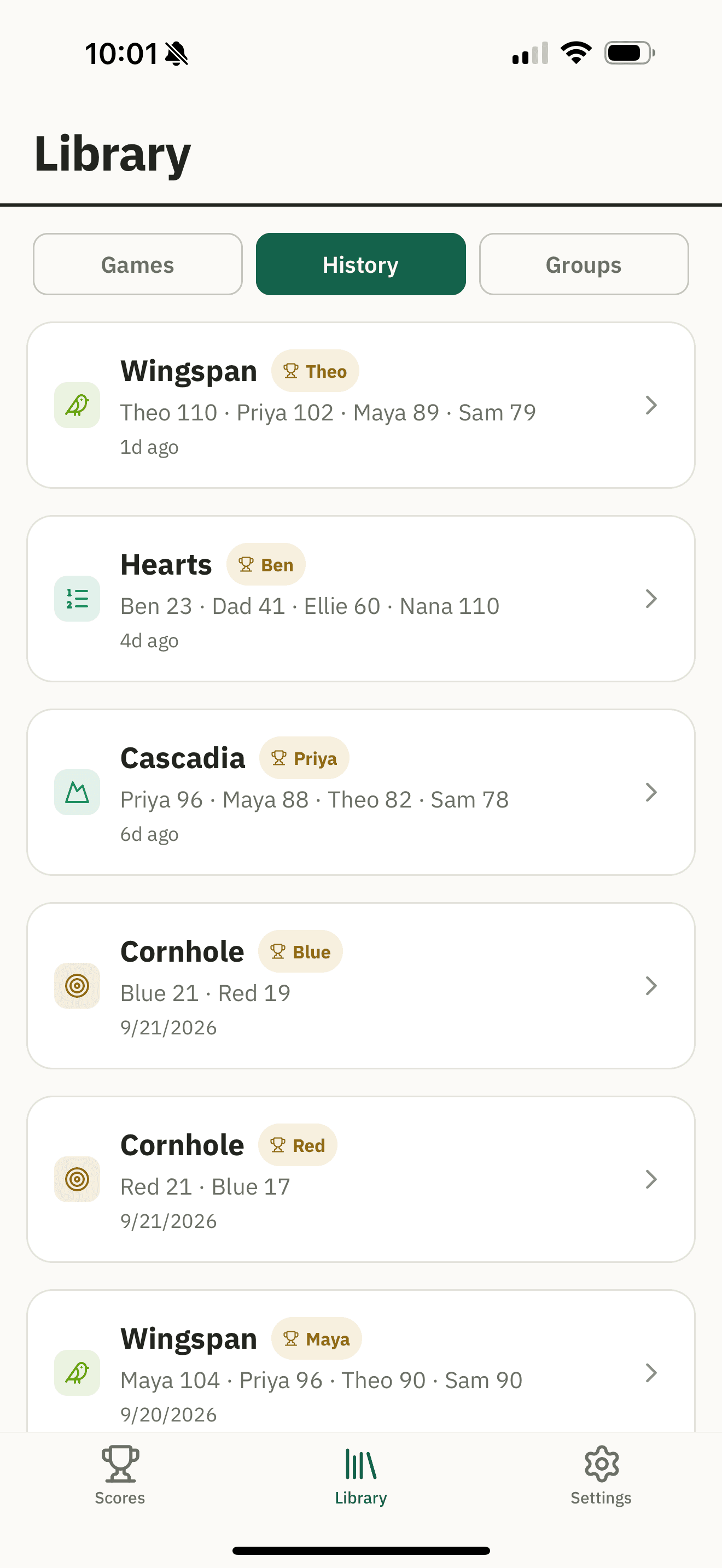 The History tab: finished games of Wingspan, Hearts, Cascadia and Cornhole, each with its winner and final scores.